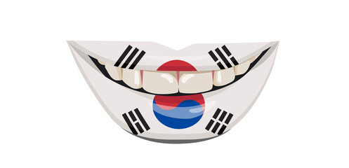 The flag of Korea on the lips. A woman's smile with white teeth. Vector illustration.