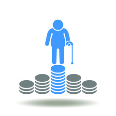 Pensioner symbol with coins stack vector illustration. Retirement icon. Pensioner money savings sign.