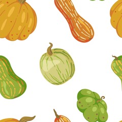Various pumpkins, fall harvest vector seamless pattern. Autumn season ornament. Simple cartoon style. Abstract сolored design for print, wrap, background, wallpaper, textile, fabric, decor, postcard.