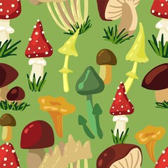 Mushrooms hand drawn vector seamless pattern. Autumn season harvest ornament in scandinavian style. Abstract сolored cartoon design for print, wrap, background, wallpaper, textile, fabric, decor, card