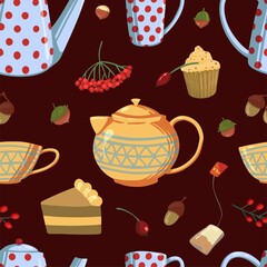 Autumn mood vector seamless pattern. Fall berries, teapots, mugs, home bakery. Colored ornament in simple style. Abstract cartoon design for print, wrap, background, wallpaper, textile, fabric, decor.