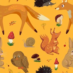 Fototapeta premium Cute forest animals vector seamless pattern. Autumn colored cartoon ornament. Fox, hare, hedgehog, squirrel, snail, owl. Design for print, fabric, textile, background, wallpaper, wrap, card, decor.