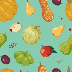 Fall harvest vector seamless pattern. Pumpkin, berry, fruits. Autumn season ornament. Simple cartoon style. Abstract сolored design for print, wrap, background, wallpaper, textile, fabric, decor, card