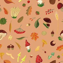 Fall harvest vector seamless pattern. Mushrooms, nuts, leaves, berry. Autumn ornament in simple cartoon style. Abstract сolored design for print, wrap, background, wallpaper, textile, fabric, decor.
