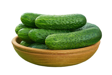 Fresh cucumbers  in a wooden bowl isolated on white background,