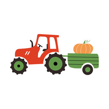 A red tractor with a pumpkin in a cart. Vector illustration in cartoon style on a white background. Harvesting concept