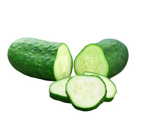 Cucumber and slices isolated on a white background.