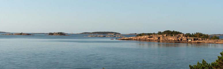 Panorama of the archipelago around Hanko, in southern Finland with rocky icelands