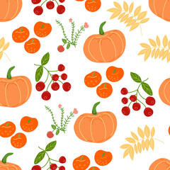 Seamless pattern with pumpkins and apples and berries.