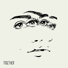 Linear woman faces. Abstract double female portrait. Outline girl head