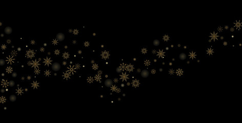 Golden delicate openwork snowflakes scatter on a black background. Festive background, postcard design, wallpaper