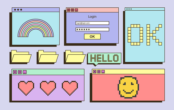 Retro desktop concept. User interface in style of pop art. Download window, password and login, file folders, emoticons and hearts. Cartoon flat vector illustration isolated on colored background