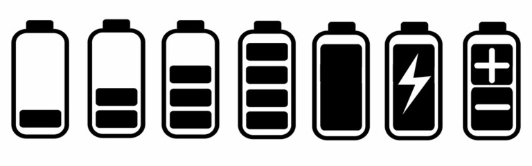 Battery icons collection. Smartphone battery level indicator. Battery charging charge indicator icon. Alkaline battery set