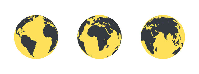 Earth globe icons. Yellow Earth hemispheres with continents. Vector illustration