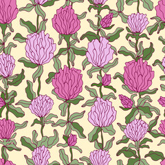Floral seamless vector pattern. Botanical illustration for design of fabric, paper. Pink and green colors