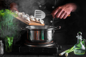 Cook or chef cooks dumplings in saucepan in the restaurant kitchen. Close-up of hands of the cook during work