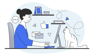 Working from home concept. Woman sitting at her desk and working on computer. Social distance, remote work or freelance. Cartoon doodle flat vector illustration isolated on a white background
