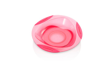 Top view of modern pink plastic plate with suction cup underneath, isolated