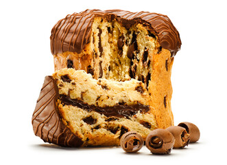 Delicious truffled panettone with chocolate chips isolated - obrazy, fototapety, plakaty
