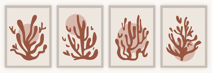Fototapeta premium Abstract coral posters. Modern minimalistic collection of sea leaves of various shapes. Art for printing on paper and decorating walls. Flat vector illustrations isolated on a white background