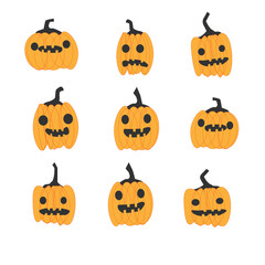 orange Halloween pumpkins. pumpkins for samhain with grinning scary smiling laughing faces and teeth. trick or treat, boo, spooky. stock vector illustration set isolated on white background.