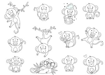 Monochrome set of small monkeys isolated on a white background. Different poses, situation. Black and white. Black outline. Vector illustration