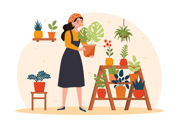 Home plant care concept. Woman rearranges pot with monster on shelf for plants. Different tropical flowers. Gardening as hobby. Cartoon flat vector illustration isolated on a white background