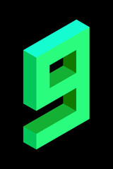 Light green number 9 in isometric style. Isolated on black background. Learning numbers, serial number, price, place.