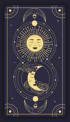 Mystical drawing concept. Golden sun and moon with face. Magic tarot card. Lunar cycle and esoteric sign. Line art on dark background. Abstract boho illustration for wall decoration and card printing