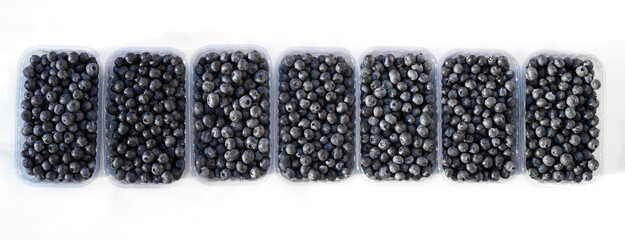 Large ripe blueberries in a transparent plastic containers. isolated on white background.