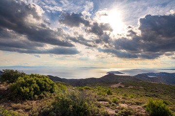 sea panorama from the heights of Keratea at sunset in Athens in Greece