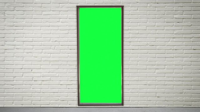 A metal door on a white brick wall opens and closes to reveal a green screen room.
