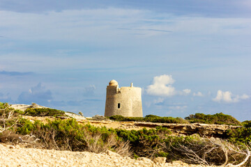 landscape ibiza with sea and tower for the view.