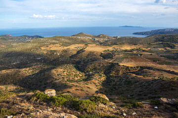 Obraz premium sea panorama from the heights of Keratea at sunset in Athens in Greece
