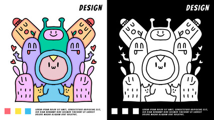 Vector illustration of cute baby and cute monsters friendly, cool, cute hand-drawn