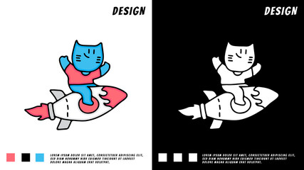 Cute Cat Riding Rocket Cartoon Vector Illustration. Animal Technology Icon Concept Isolated. Retro Cartoon Style