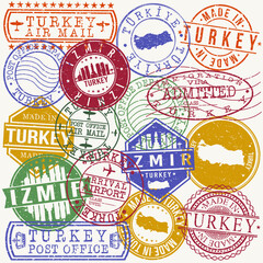 İzmir, Turkey Set of Stamps. Travel Stamp. Made In Product. Design Seals Old Style Insignia.