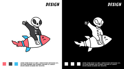 Cool little skull Riding Rocket Cartoon Vector Illustration. Retro Cartoon Style
