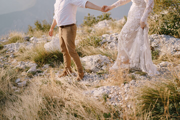 Groom and bride walk in the mountains holding hands