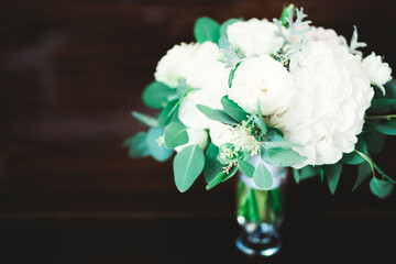 Beautiful wedding bouquet with different flowers, roses
