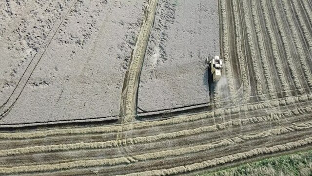 Une moissonneuse dans un champ de bl&eacute; pour la r&eacute;colte saisonni&egrave;re  