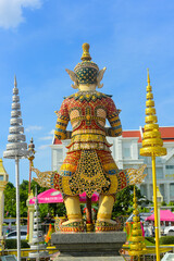 Statue of Vaiśravaṇa as the guardian at the Pillar Shrine Udon Thani province, Thailand. Vaiśravaṇa is The Seal of Udon Thani. Back side