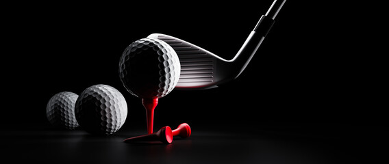 Golf ball with club and red tee on black background - studio shot