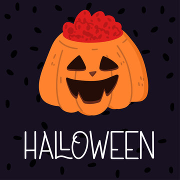 Poster scary pumpkin with the inscription helluin. Halloween concept. Vector illustration in flat style