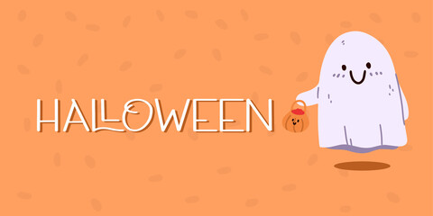 Ghost with pumpkin and candy. Halloween concept. Banner. Vector illustration