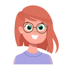 Happy girl laughs. Human emotions. Vector avatar with happy woman wearing glasses.