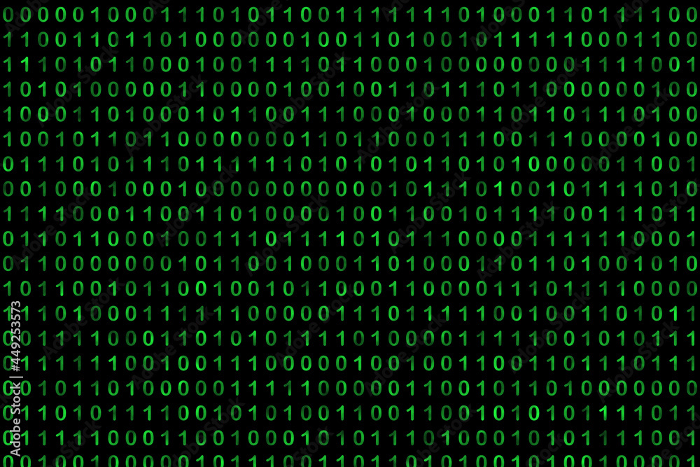 Wall mural binary code grid from bright green digits on black background, matrix style background
