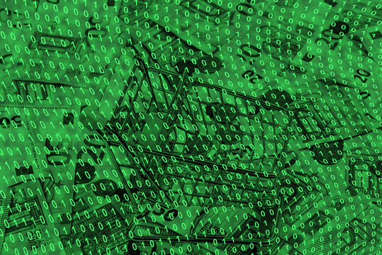 binary code grid from bright green numbers on the background of euro banknotes, ecommerce concept