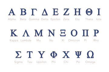 Greek alphabet letters or symbols with names in vector set