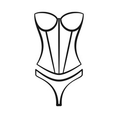 Lingerie corset or bustier with lacy thong as sexy underwear set in vector outline
